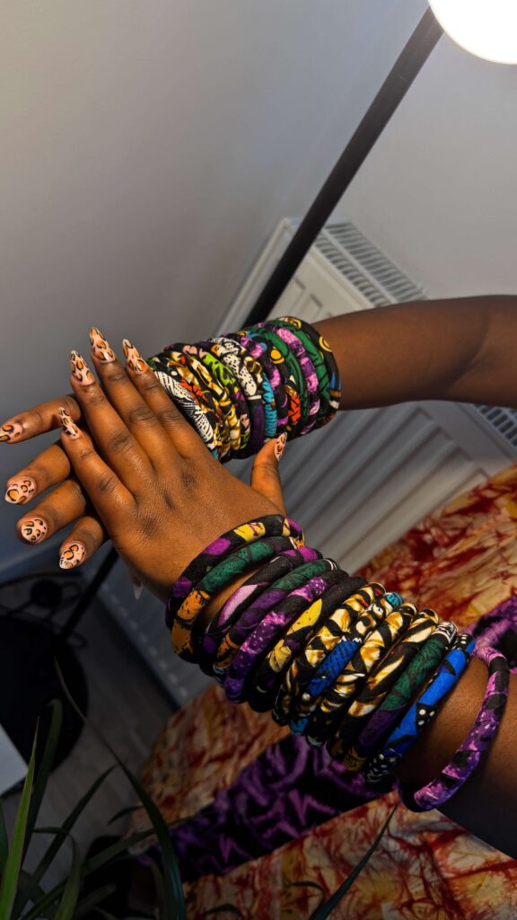 Stack of colourful Ankara fabric bracelets